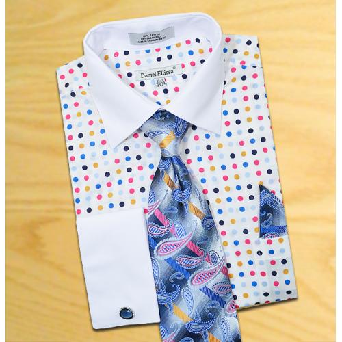 Daniel Ellissa  White / Blue / Tan / Fuchsia Polka Dots Shirt / Tie / Hanky Set With Free Cufflinks DS3769P2